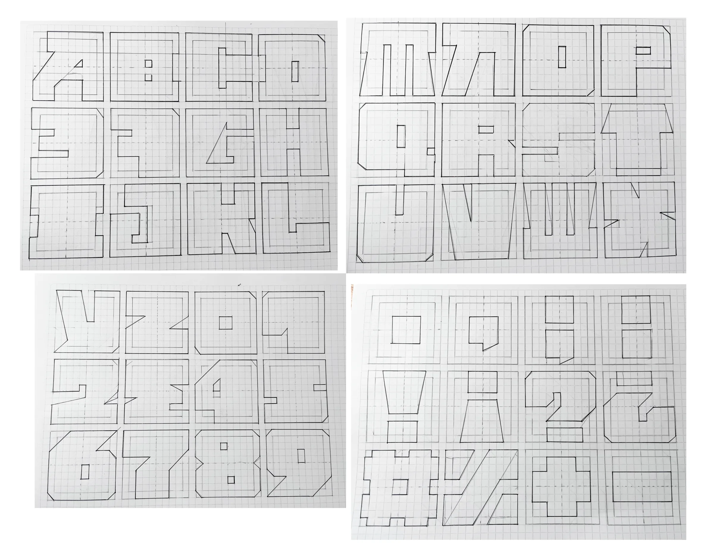 Constructa Solid letterform sketches developed on graph paper