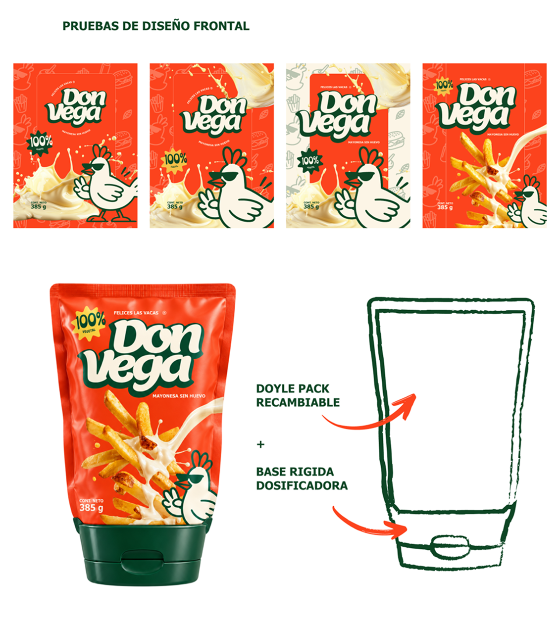Don Vega front packaging design tests and reusable base concept