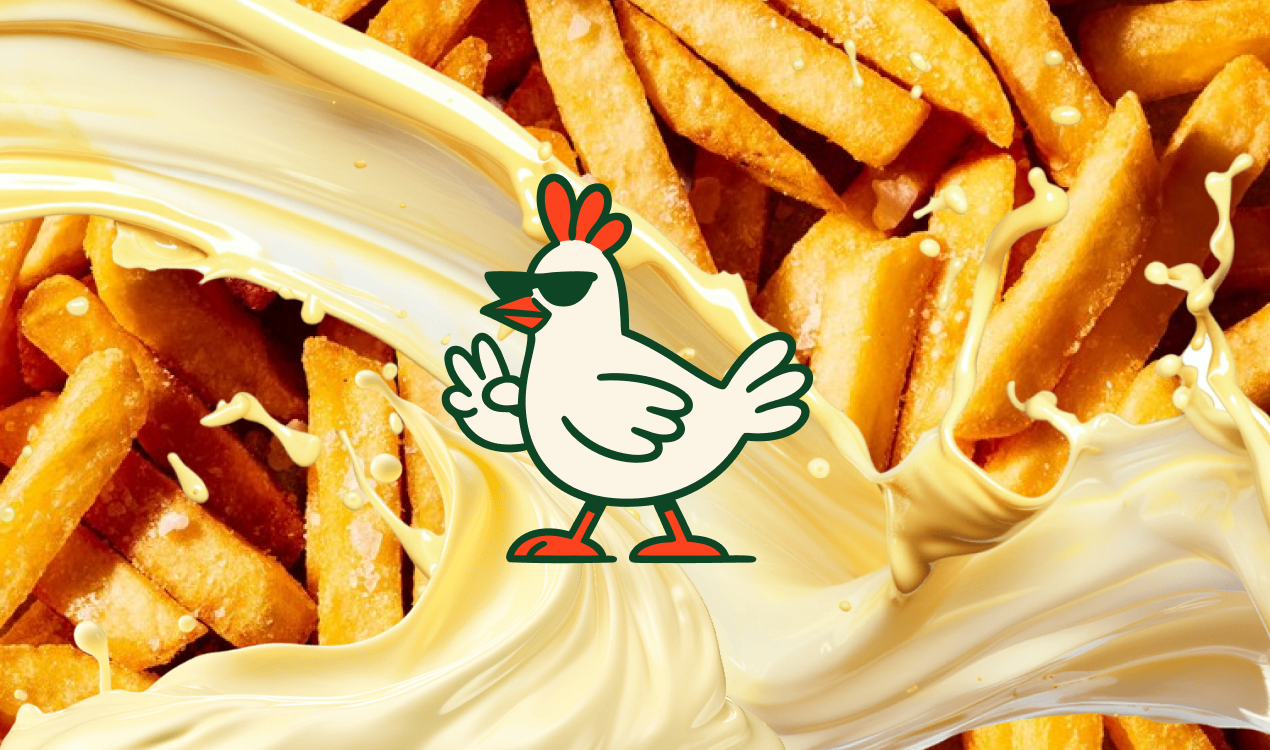 Don Vega hen mascot over fries and mayonnaise