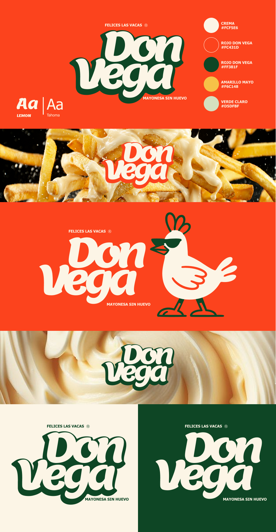 Don Vega visual identity showing the logo, color palette, typography, and hen mascot