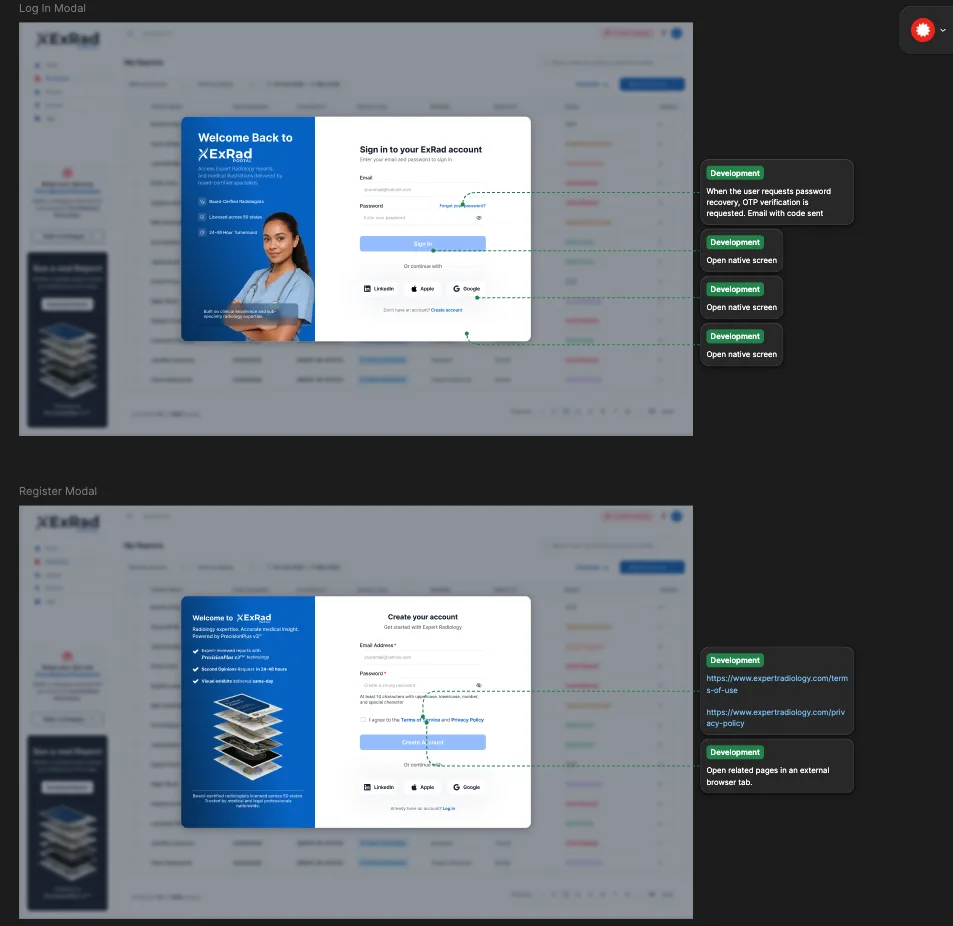 ExRad Portal login and registration flow