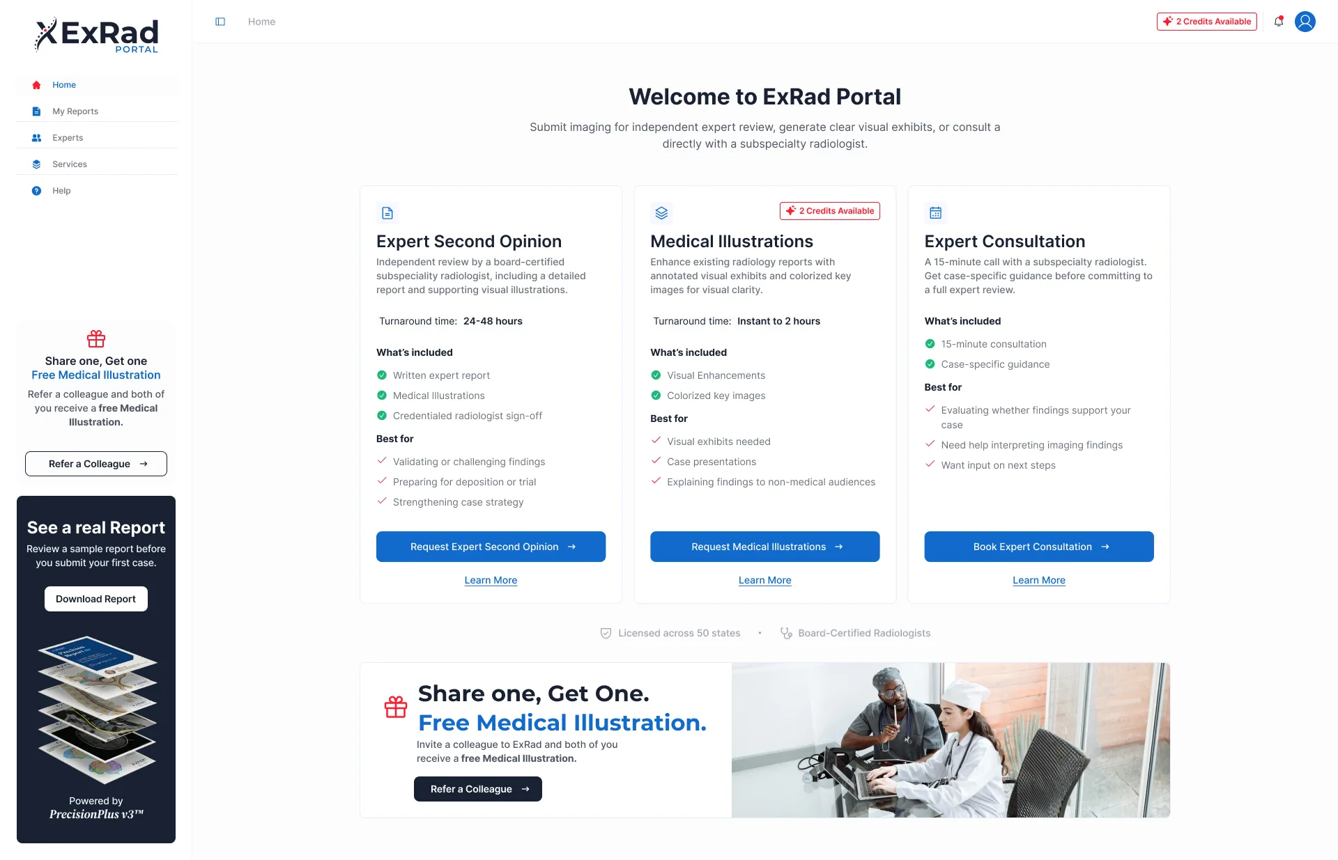 ExRad Portal dashboard with three radiology service options