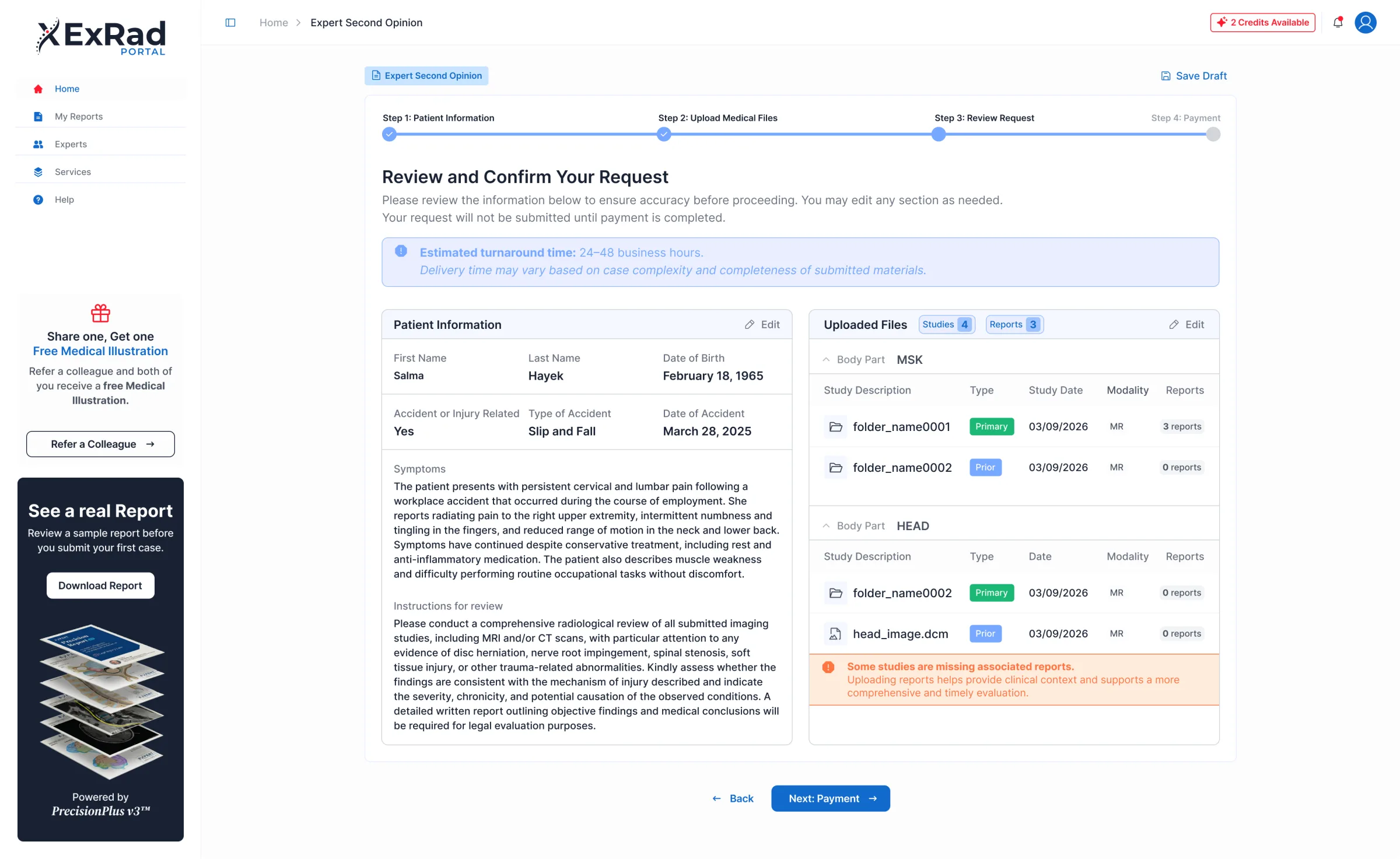 ExRad Portal Review Request step