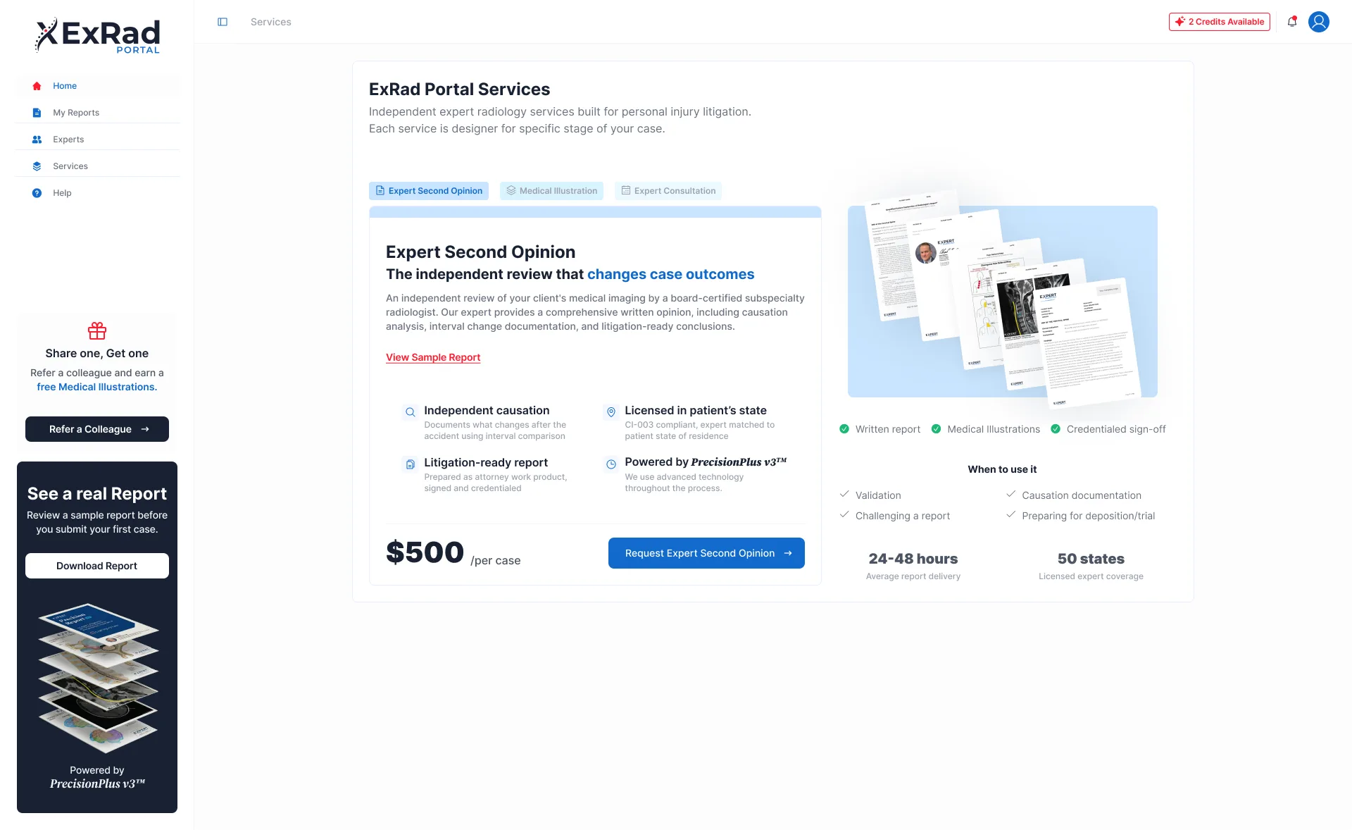 ExRad Portal services interface for expert radiology consultation