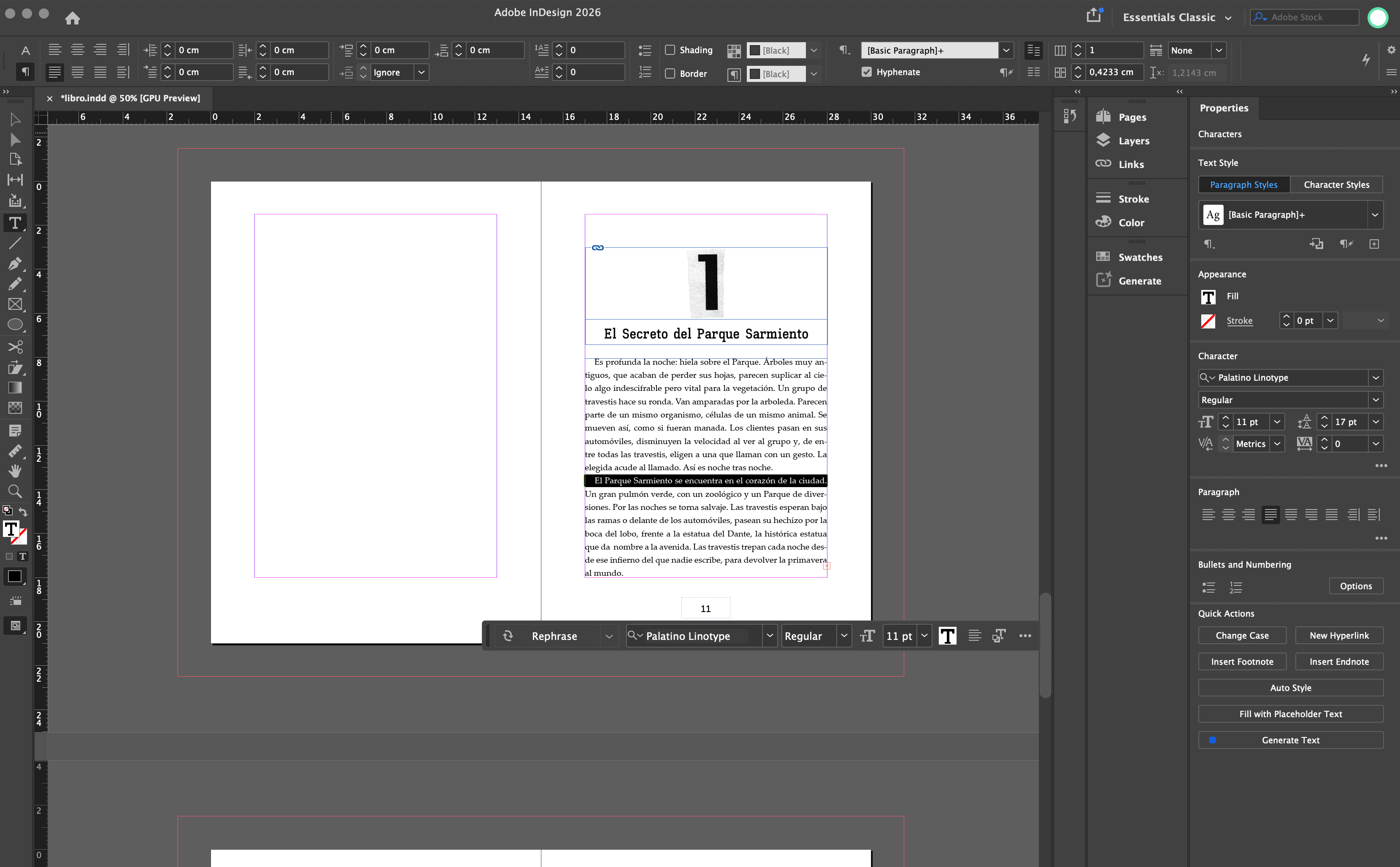 InDesign view of a chapter opening and body text settings
