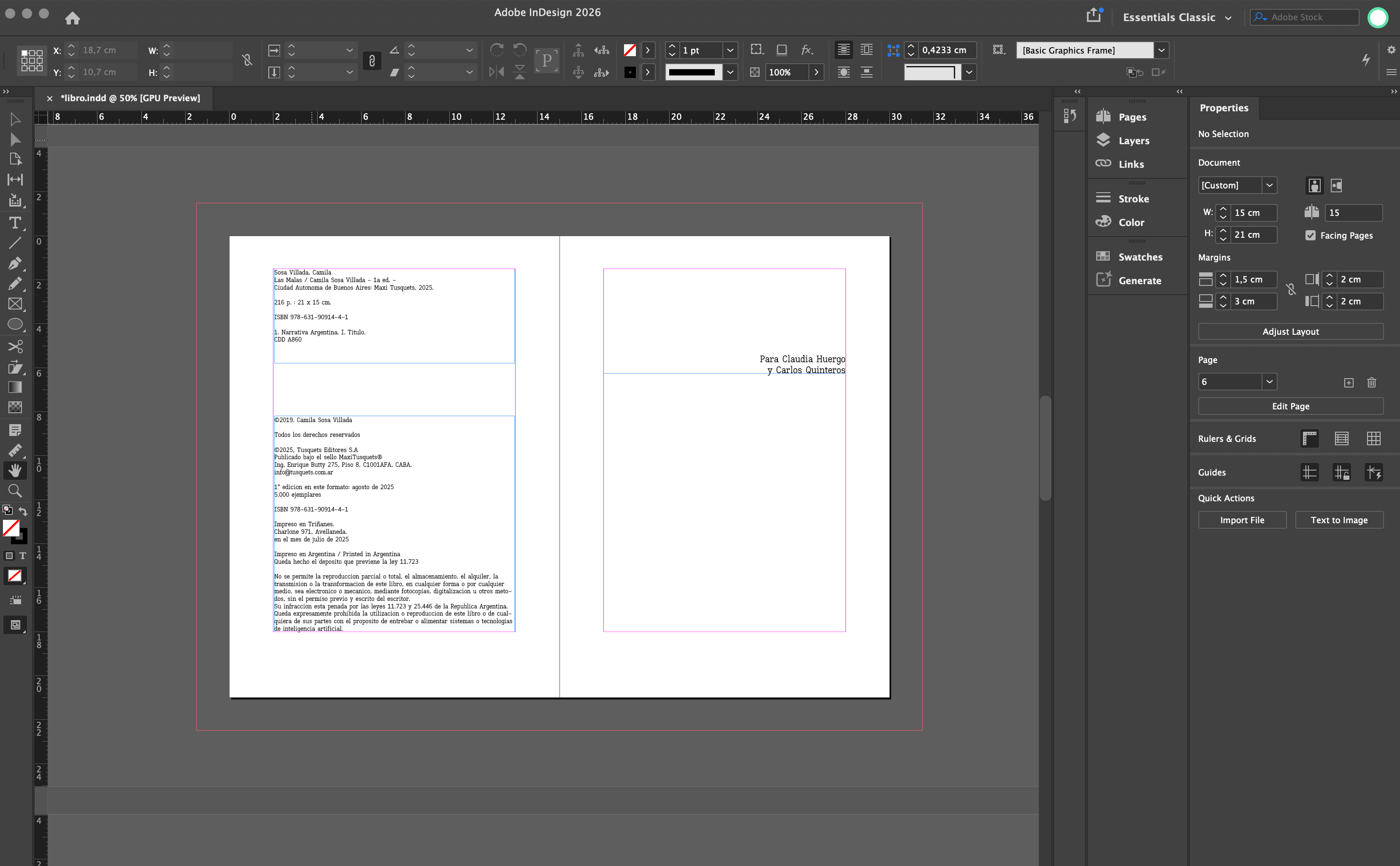 InDesign view of publication details and dedication pages