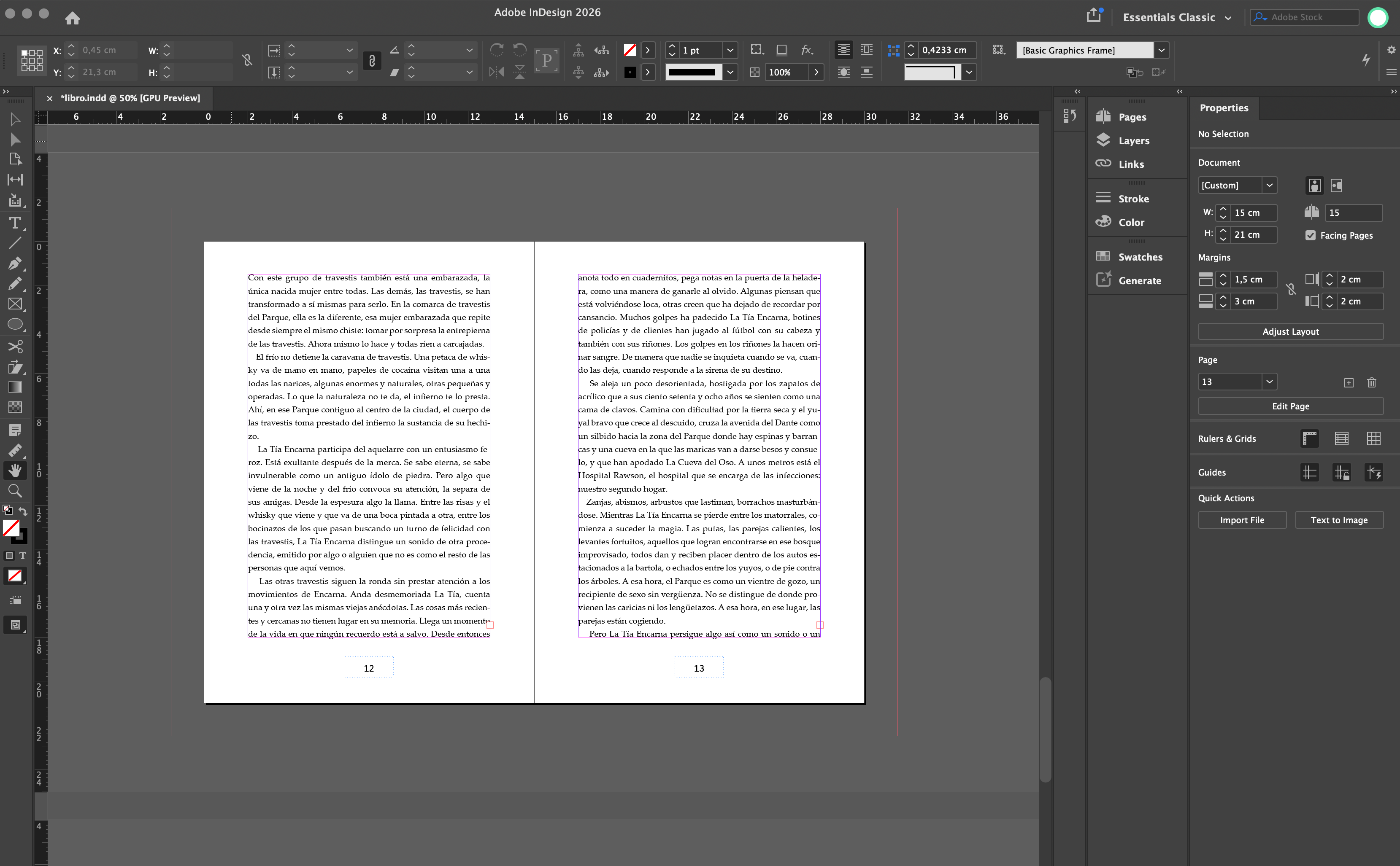 InDesign view of a two-page reading spread