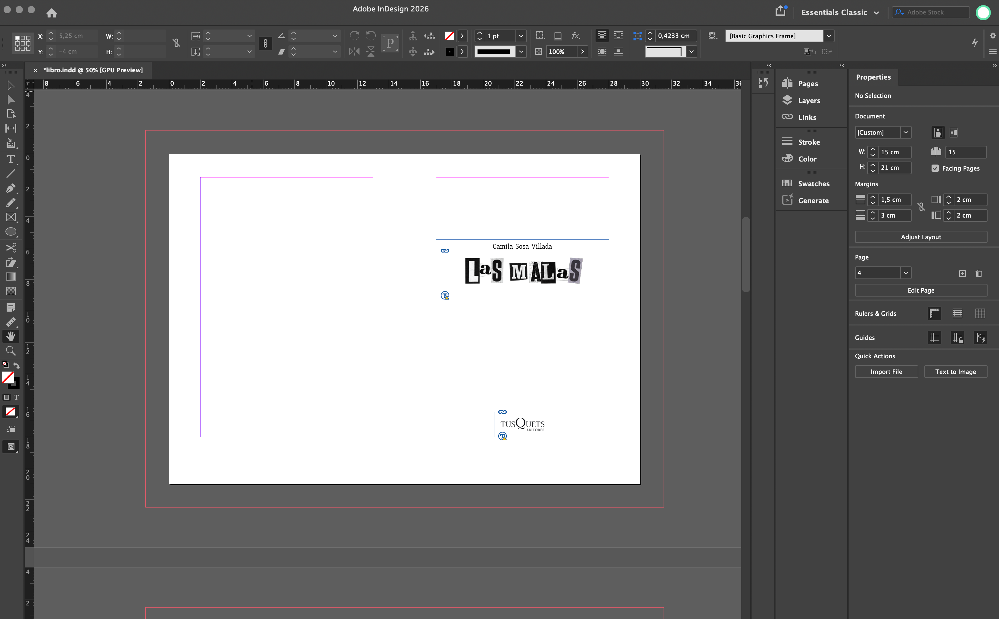 InDesign view of a title page from Las malas