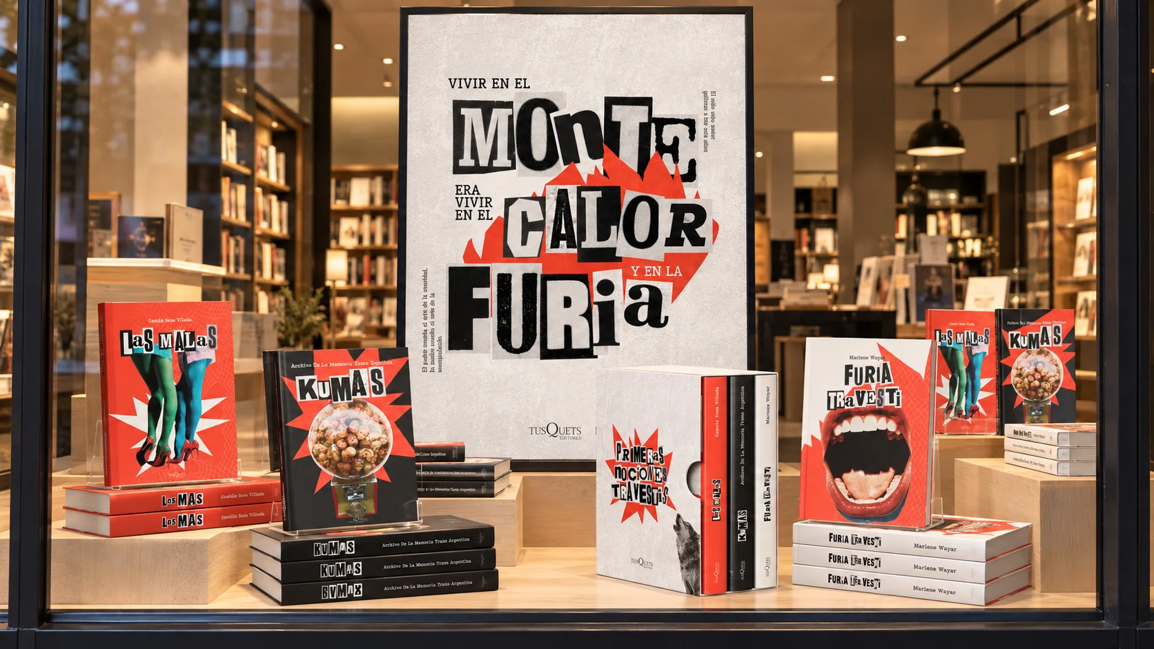 Primeras Nociones Travestis books, collection container, and poster displayed in a bookstore window