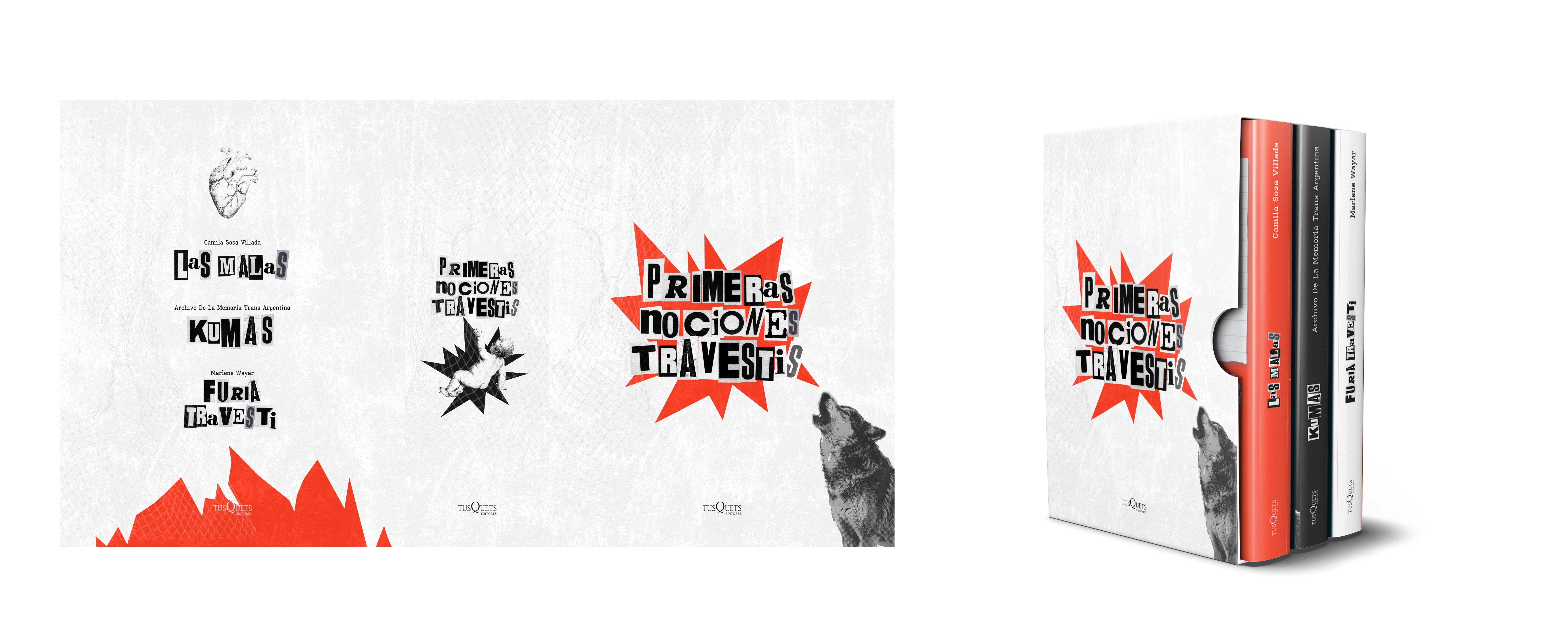 Primeras Nociones Travestis container design and book set mockup
