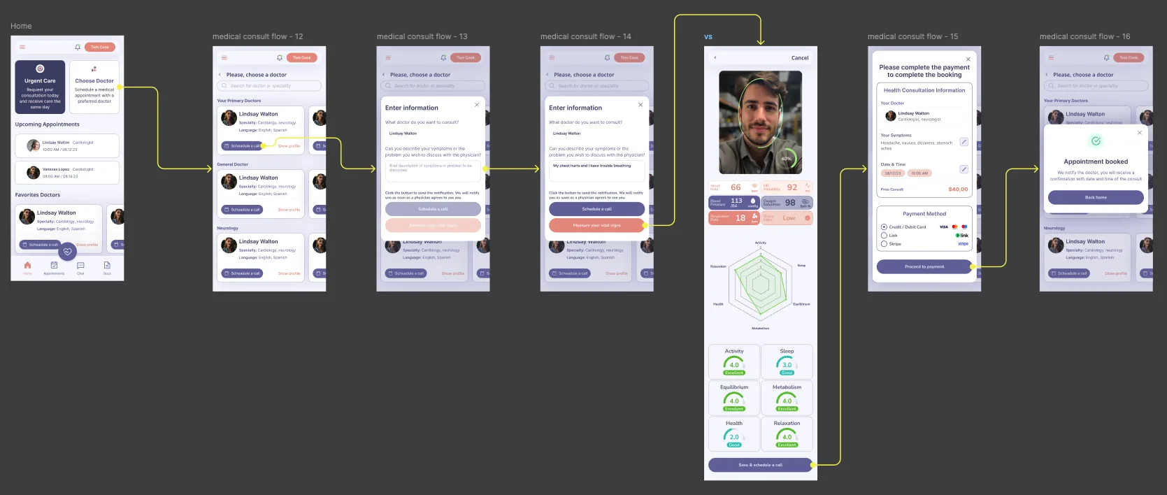 VERTE medical consultation flow with biometric health tracking integrated