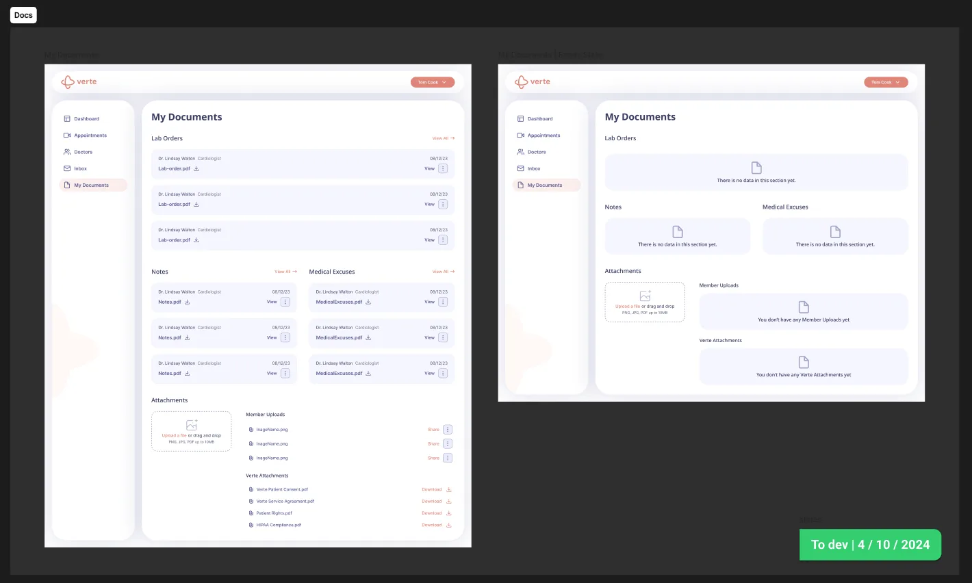 VERTE Docs module platform screens showing populated and empty states